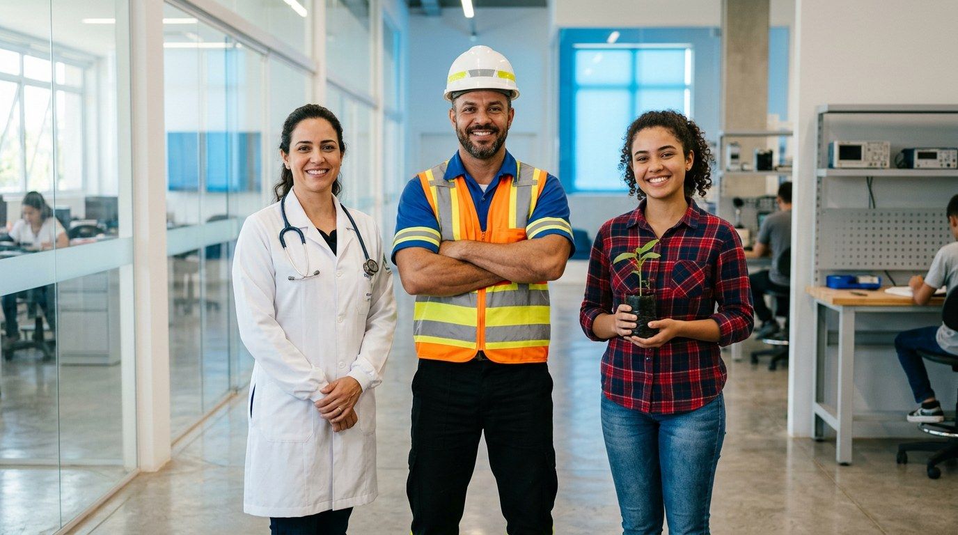 Três personagens de IA: profissional de saúde, técnico de segurança e técnica em agropecuária